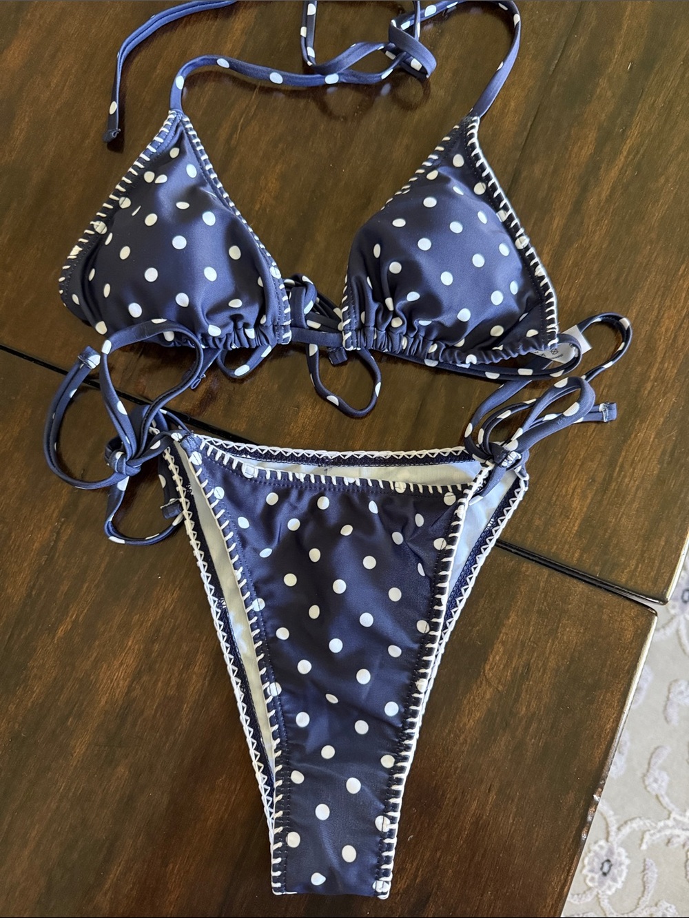Navy Blue Polka Dot String Bikini Set